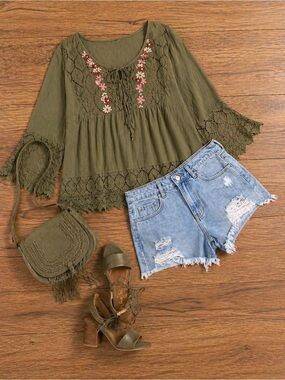 Olive Green Plus Size 2X Boho Embroidered Peasant Top- Cottagecore, festival